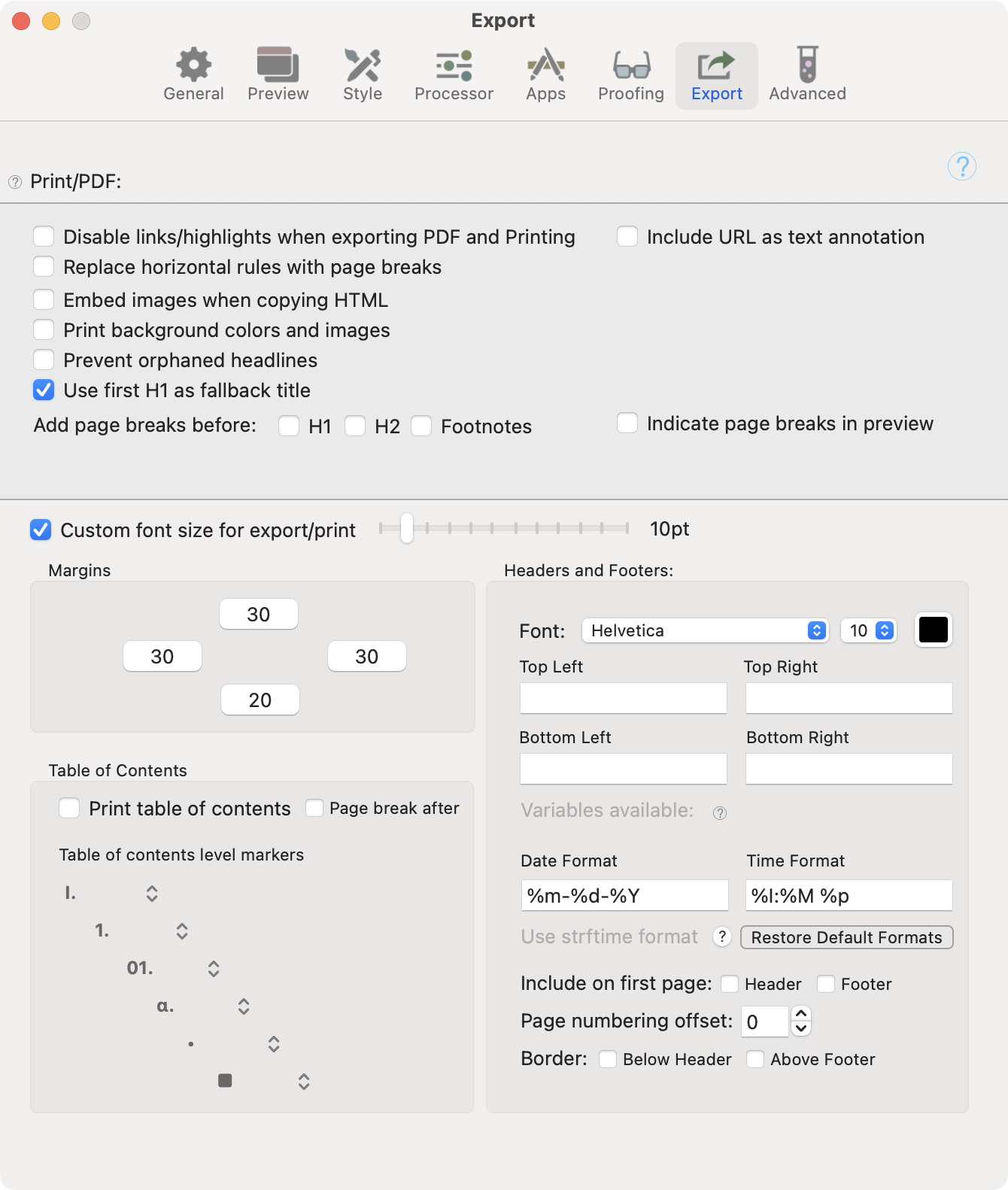 Settings: Export