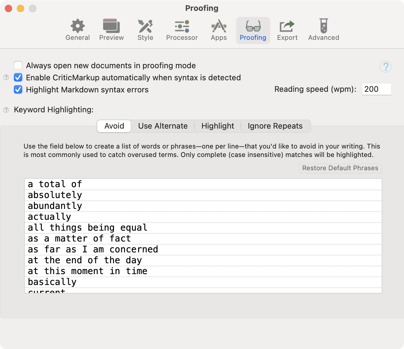 Settings: Proofing